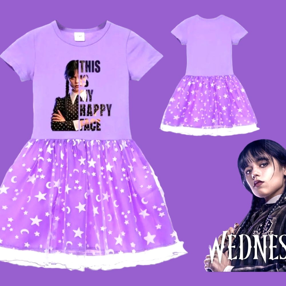 Wednesday Addams Purple and White Popular Fit and Flare Girl's Dress NWT - Picture 5 of 10